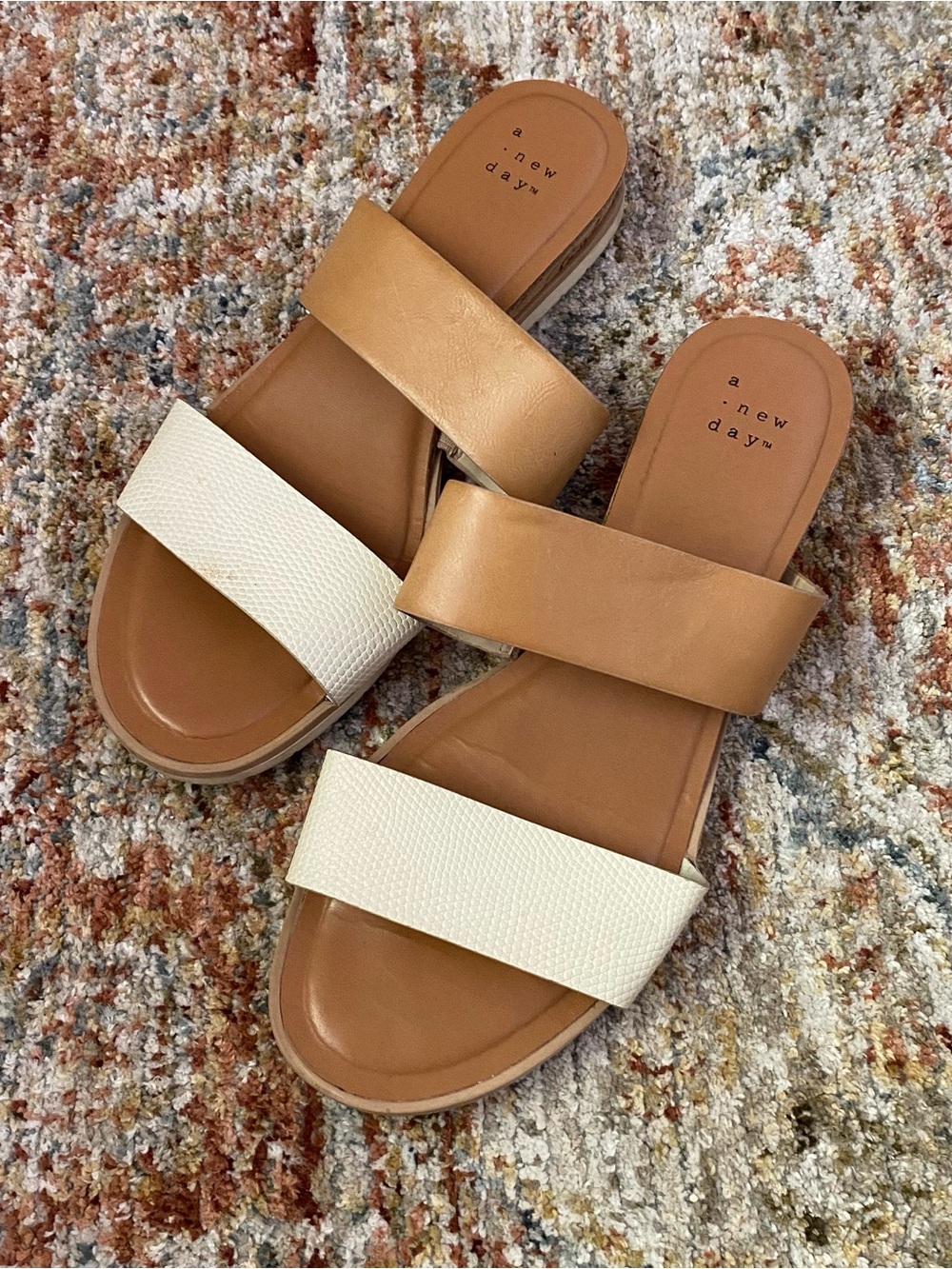 a new day Tan and Cream Double Strap Slide Sandals